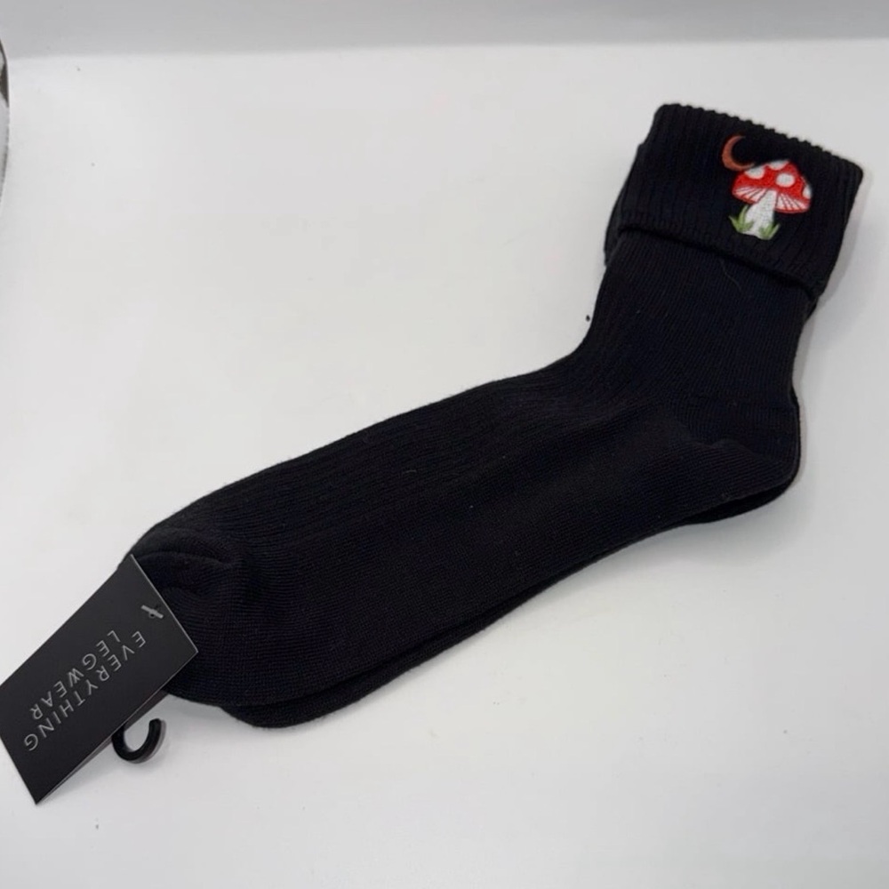 NEW Everything Legwear Black Embroidered Mushroom and Moon Turncuff Socks